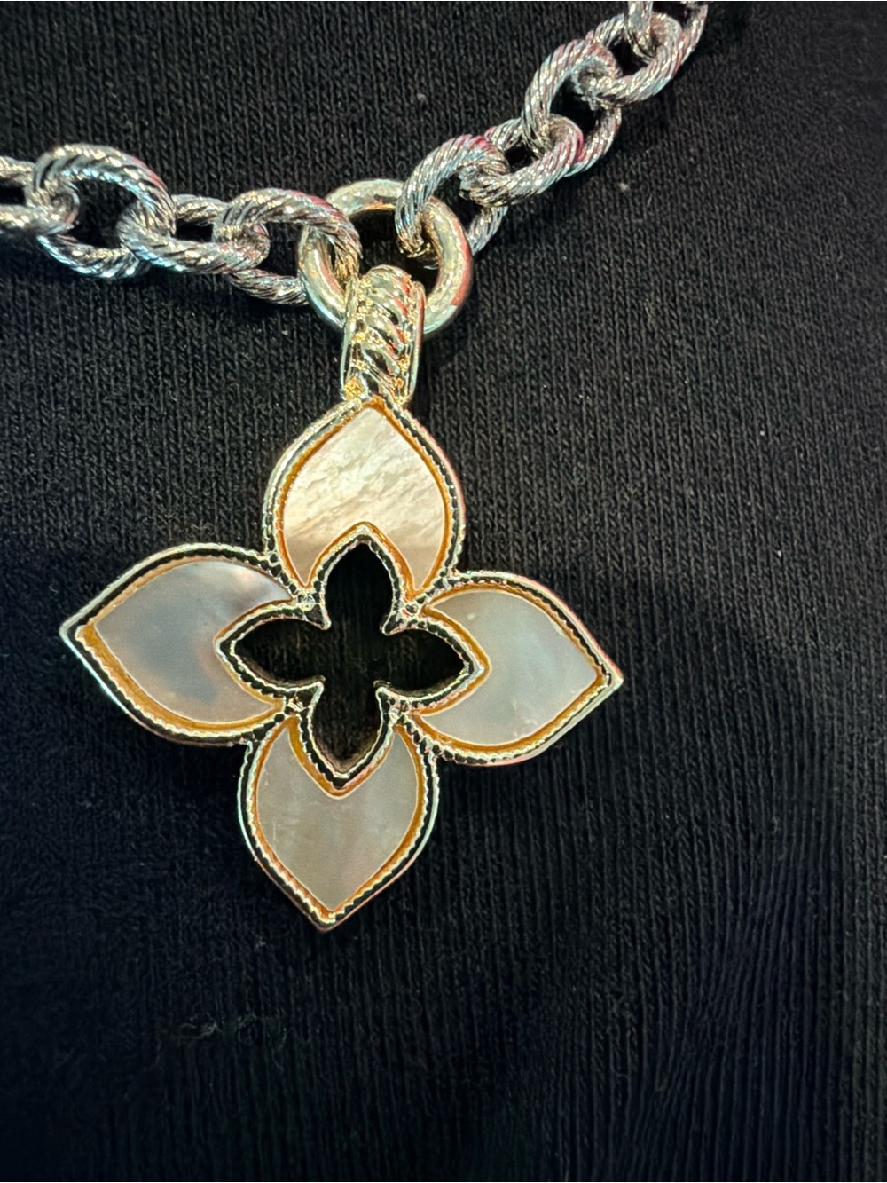 Fashion Designer Inspired Two-Tone Necklace with Iridescent Floral Pendant - Picture 3 of 3
